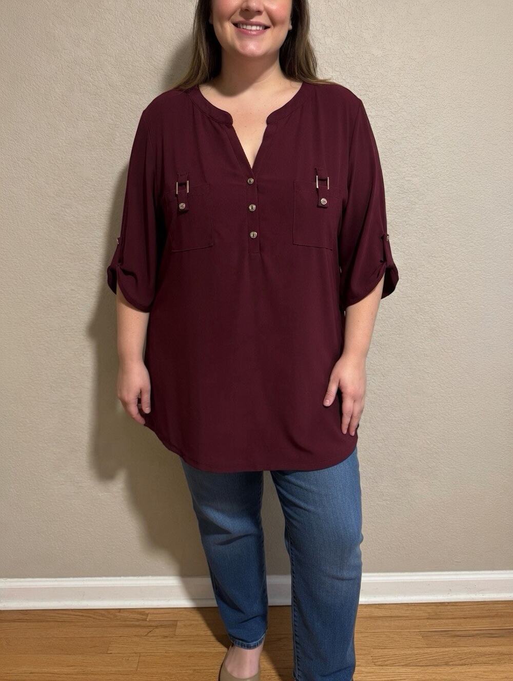 NEW Per Seption Tunic Blouse Top 2X Jersey Luxury Money Career Dressy Work Wine